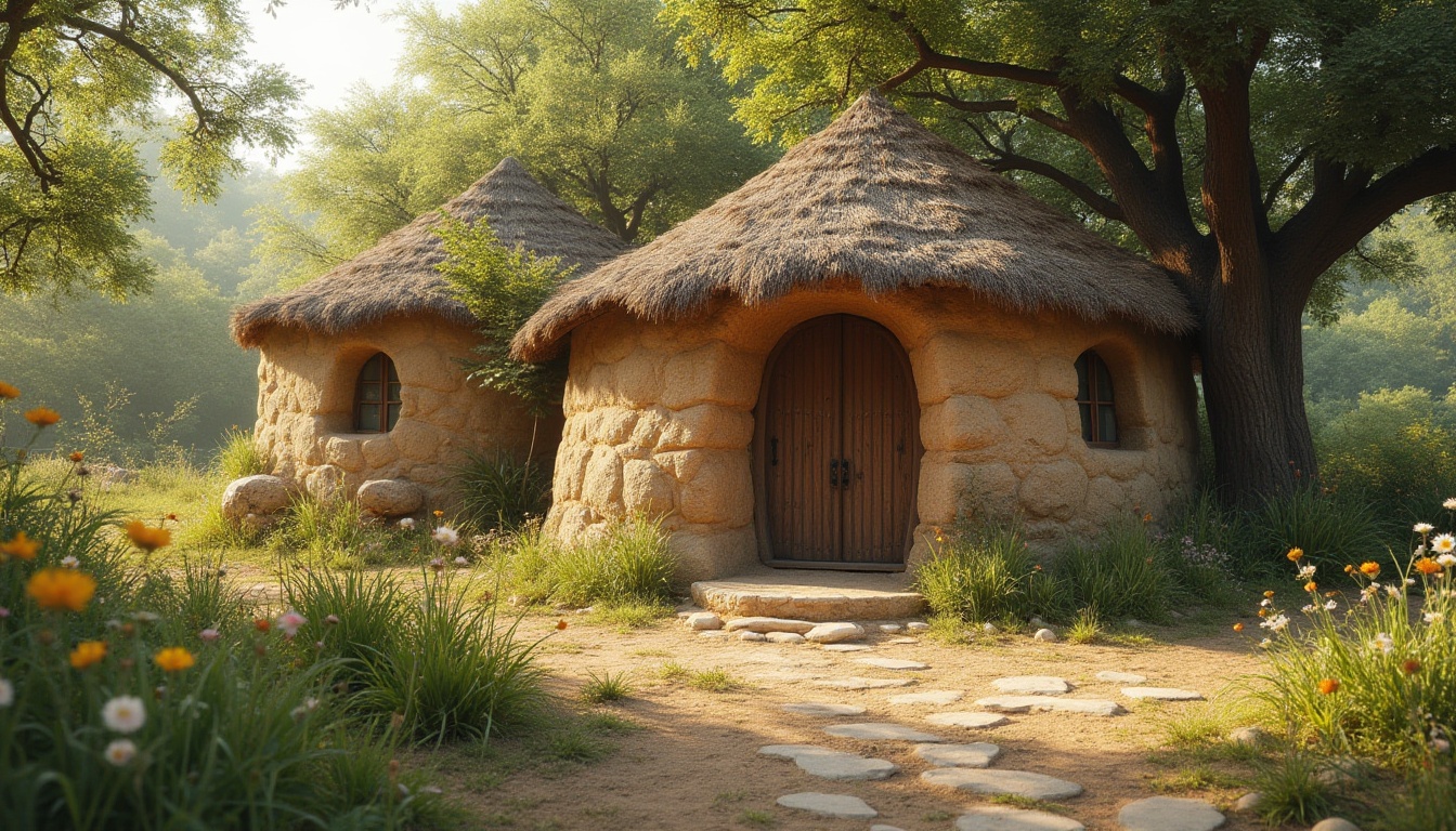 Prompt: Mud house, natural material, earthy tone, rustic texture, sustainable construction, eco-friendly building, rural setting, green surroundings, trees nearby, wooden door, thatched roof, stone pathway, blooming wildflowers, warm sunlight, gentle breeze, peaceful atmosphere, 3/4 composition, soft focus, natural lighting.