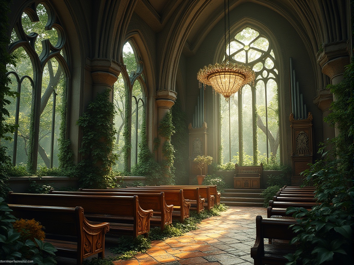 Prompt: Gothic church, natural surroundings integration, vines crawling up walls, tree branches piercing through stained glass windows, flower-patterned stone floors, petal-shaped pillars, wooden pews with leaf-carved details, ivy-covered organ pipes, morning dew droplets on spider web-like chandeliers, soft warm lighting filtering through foliage, subtle earthy tones, intricate stone carvings of forest creatures, panoramic view of surrounding forest, misty atmosphere, serene ambiance, natural materials, organic textures, harmony between architecture and nature.