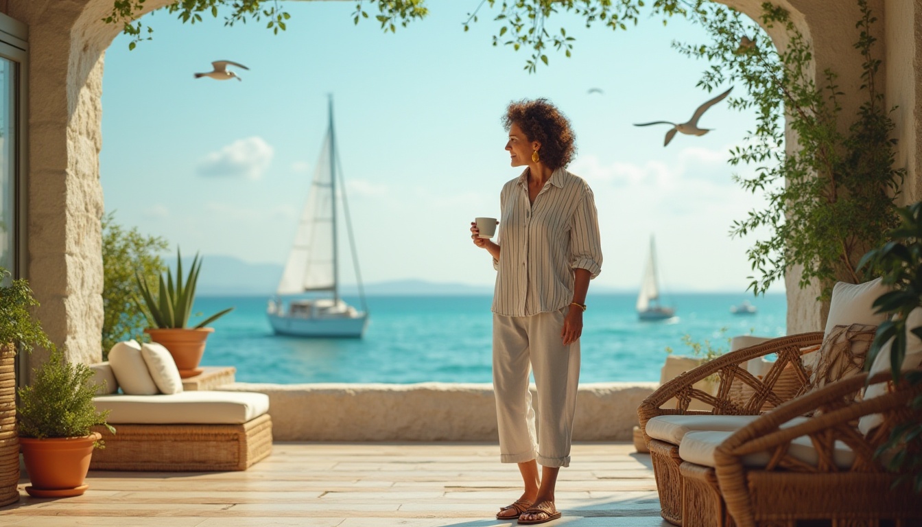 Prompt: Coastal residential villa, eclecticism style, mature lady, 35yo, curly brown hair, golden earrings, striped shirt, linen pants, sandals, holding a coffee cup, standing on a balcony, overlooking the ocean, Mediterranean sea, turquoise water, sailboats in distance, seagulls flying overhead, potted plants, rattan furniture, wooden decking, warm sunlight, soft focus, atmospheric perspective, cinematic composition, vibrant colors, 3/4 angle view, morning light, gentle breeze.