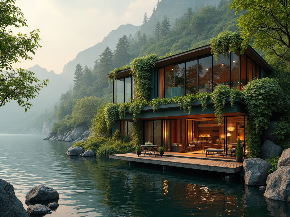 Prompt: Lakefront factory, green architecture, copper material, industrial chic, modern design, large windows, natural light, lush greenery, overhanging plants, wooden accents, metal beams, exposed pipes, sleek lines, minimalist decor, water reflection, ripples on lake surface, distant mountains, misty morning, soft warm lighting, 3/4 composition, cinematic mood.