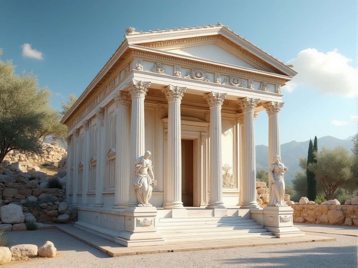 Prompt: Ancient Greek monument, elegant marble statue, white and cream colors, detailed texture, intricate carvings, ornate columns, grandiose architecture, majestic atmosphere, soft natural lighting, warm sunlight, subtle shadows, historic ruins, Mediterranean landscape, olive trees, blue sky with few clouds.