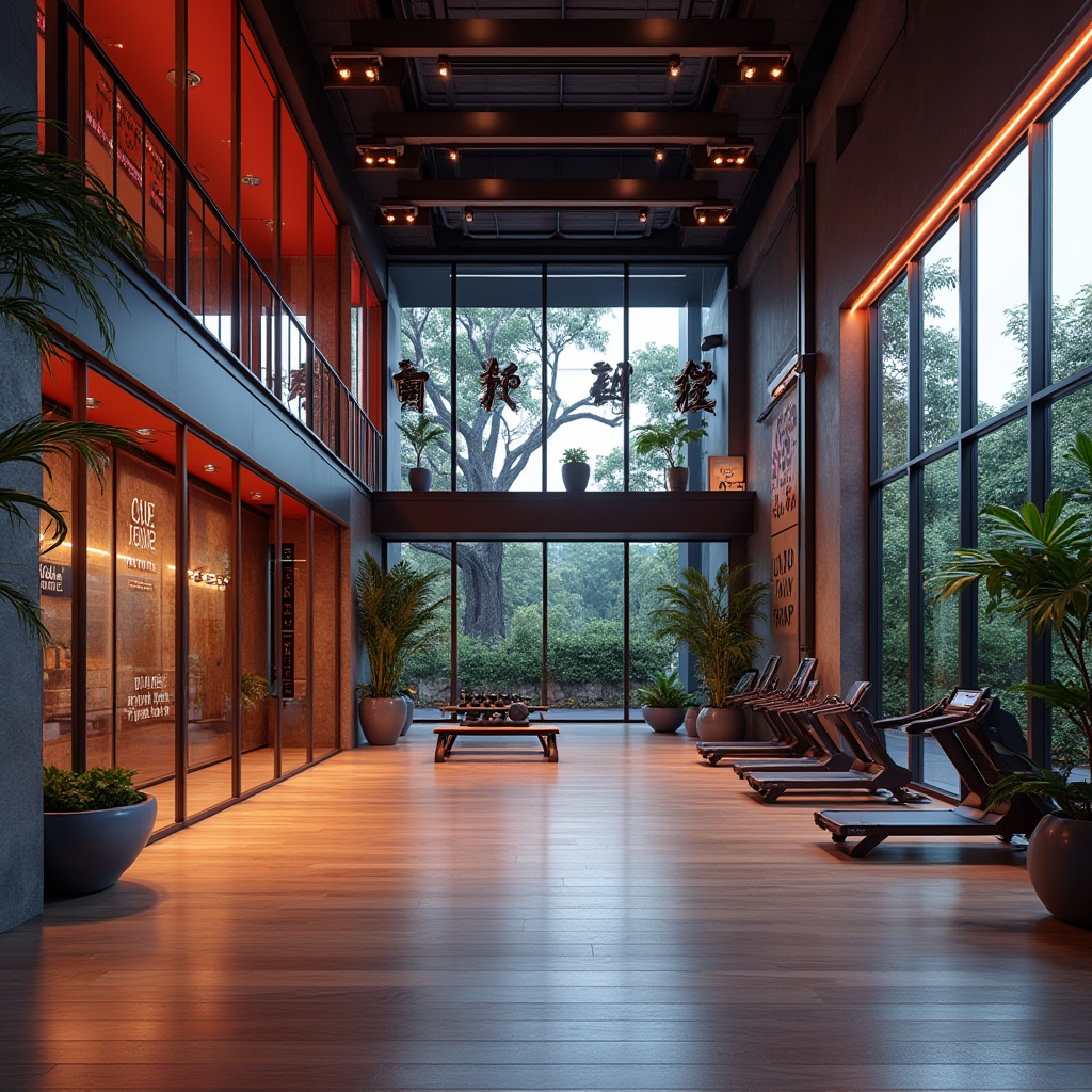 Prompt: Modern suburban gymnasium, large glass windows, sleek metal frames, minimalist exterior, bold color scheme, vibrant LED lighting, futuristic architecture, spacious interior, high ceilings, polished wooden floors, state-of-the-art fitness equipment, mirrored walls, motivational quotes, urban jungle decor, lush greenery, natural stone accents, geometric patterns, abstract artwork, energetic atmosphere, dynamic composition, 3/4 camera angle, softbox lighting, warm color tone.