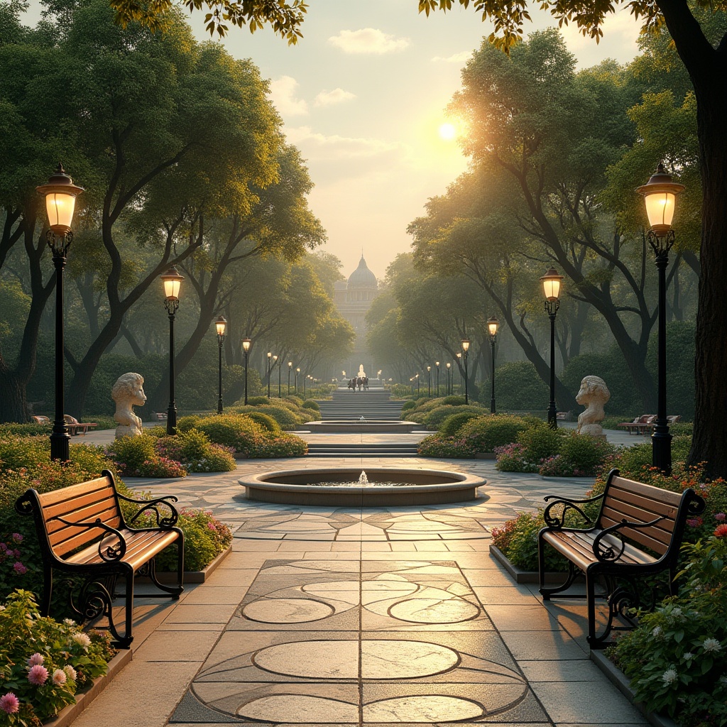 Prompt: Art Deco park, luxurious greenery, vibrant flowers, intricate ironwork benches, ornate lamp posts, geometric patterns on pavement, lush tree canopies, natural stone statues, abstract sculptures, winding walking paths, grand staircase, symmetrical fountain, sunset warm lighting, dramatic shadows, panoramic view, 3/4 composition, depth of field, cinematic ambiance.