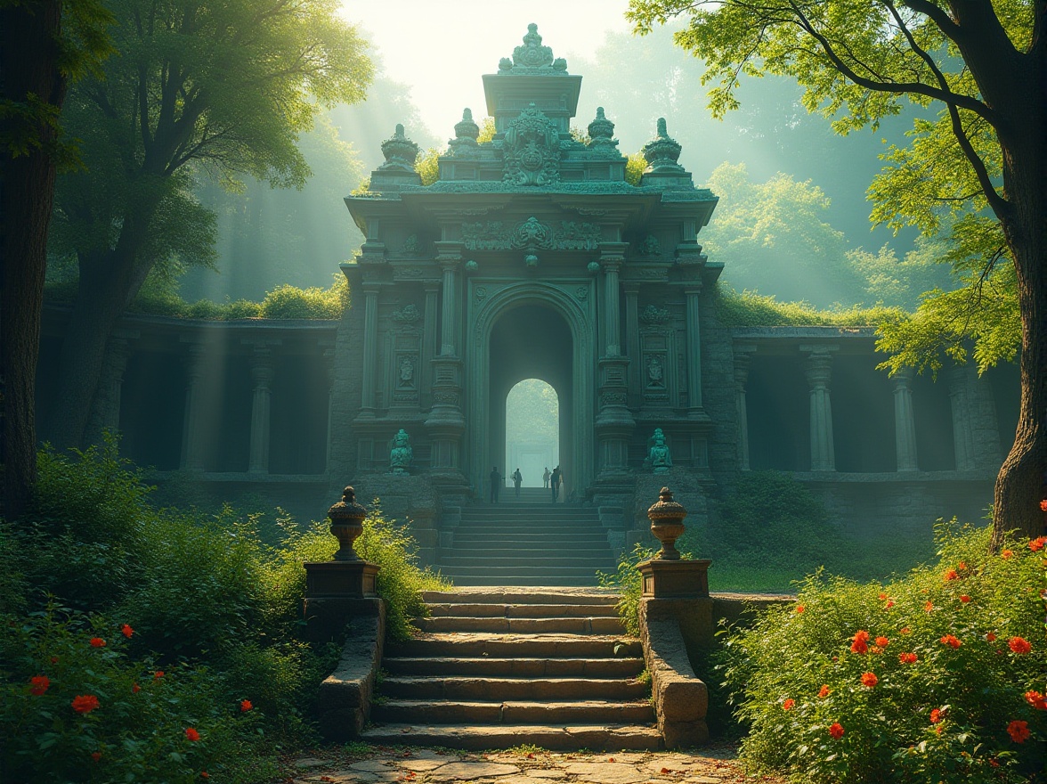 Prompt: Ancient monument, majestic structure, incorporating malachite green, intricate carvings, ornate details, grand entrance, stone columns, worn stone stairs, moss-covered foundation, surrounded by lush greenery, vibrant flowers blooming, misty atmosphere, morning dew, warm sunlight filtering through trees, dramatic backlighting, cinematic composition.