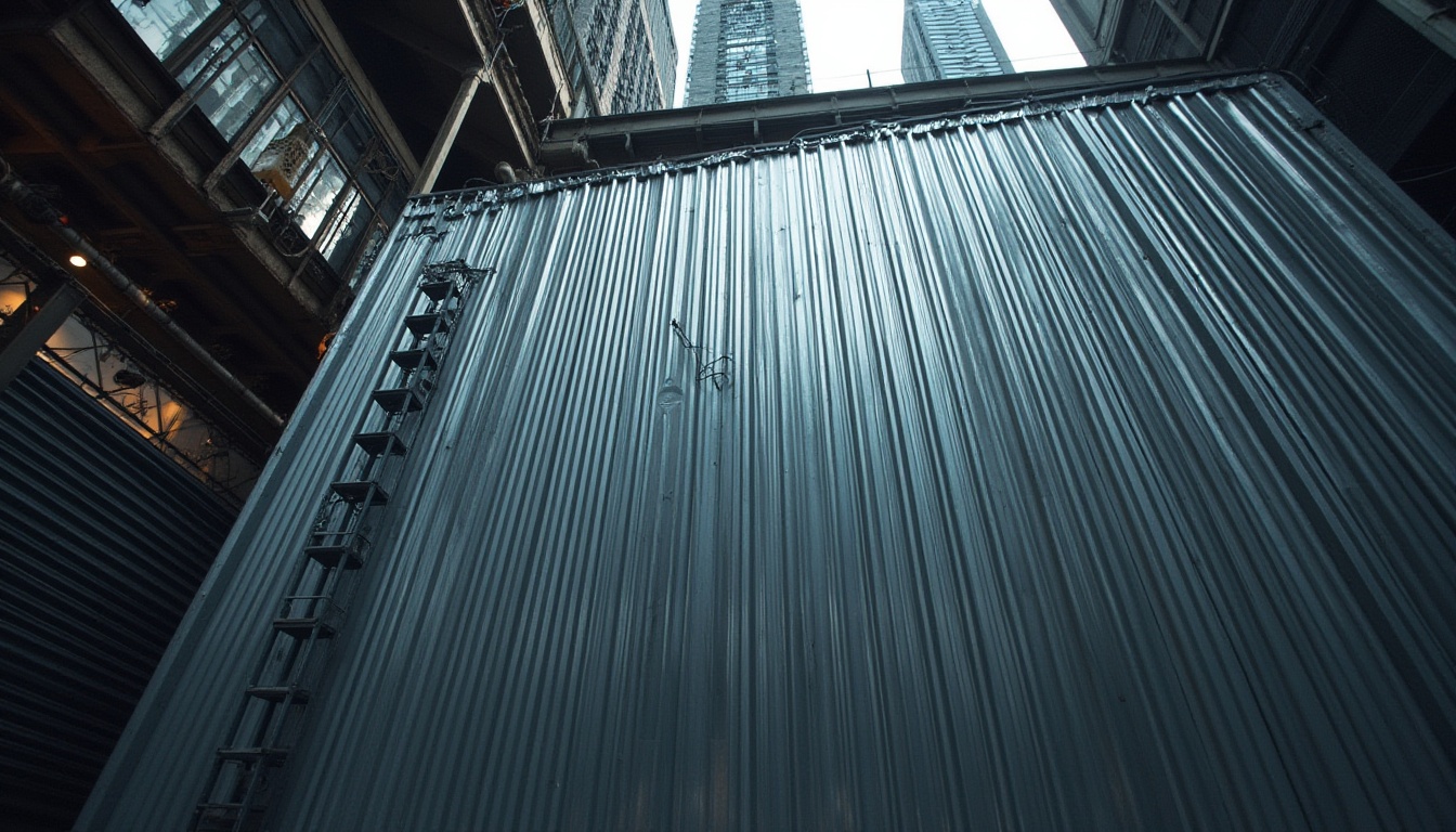 Prompt: Modern industrial background, galvanized steel, shiny metallic texture, corrugated iron sheets, silver-gray color, reflective surface, urban cityscape, skyscraper, metal ladder, welding sparks, industrial lighting, low-angle shot, dramatic shadows, bold composition, high contrast, HDR, cinematic ambiance.