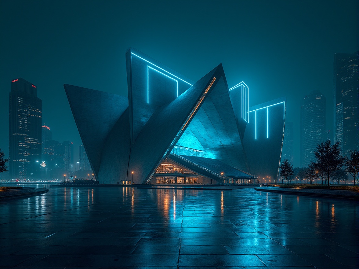 Prompt: Dark cyan color, modern concert house, sleek architecture, geometric shapes, angular lines, glossy finish, LED lights, neon accents, cityscape background, metropolitan atmosphere, night scene, dramatic shadows, high contrast lighting, 3/4 composition, cinematic mood, futuristic ambiance.