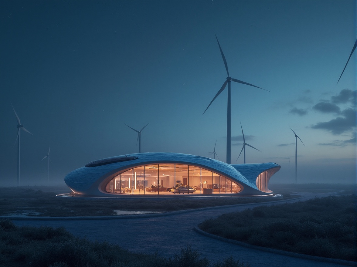 Prompt: Savanna-inspired energy plants, minimalistic, modern architecture, sleek lines, silver metallic exterior, glass dome, solar panels, wind turbines, gentle curves, futuristic details, subtle neon lights, night scene, starry sky, misty atmosphere, soft focus, ambient Occlusion, 3/4 composition, cinematic lighting.