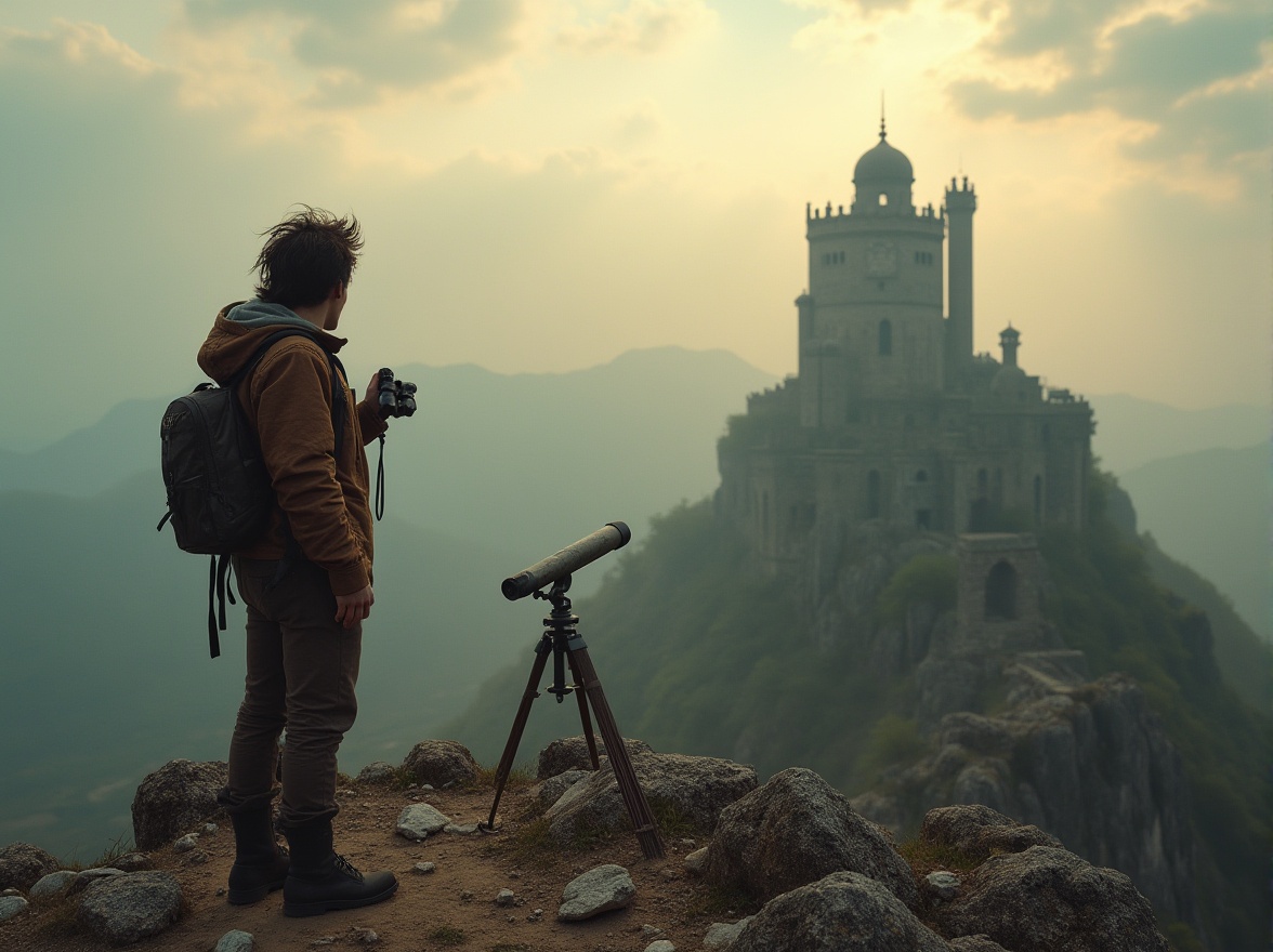 Prompt: Watching towers, plateau landscape, grandiose architecture, ancient stone walls, rugged terrain, misty atmosphere, mystical aura, solitary figure standing at edge, binoculars in hand, gazing out into distance, wind-swept hair, worn leather jacket, earth-toned pants, sturdy boots, backpack with supplies, telescope on tripod nearby, rocky outcroppings, sparse vegetation, dramatic clouds, golden hour lighting, cinematic composition, atmospheric perspective.