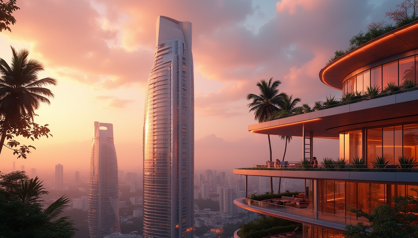 Prompt: Coral-colored skyscraper, modern architecture, futuristic, cityscape, urban jungle, tropical vibe, sunset-inspired hues, warm ambient lighting, sleek glass windows, metallic structures, minimalist design, rooftop garden, palm trees, succulents, 3/4 composition, low-angle shot, dramatic clouds, cinematic atmosphere.