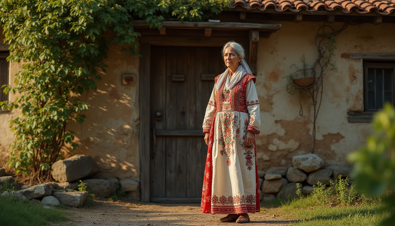 Prompt: Regionalism style, reflection of local culture, traditional folk costume, colorful embroidery, intricate patterns, worn by a mature lady, standing in front of a rustic wooden door, adorned with vines and flowers, in a serene countryside setting, warm sunlight filtering through the trees, casting dappled shadows on the ground, surrounded by lush greenery, old stone walls, terra cotta roof tiles, aged wooden windows, soft focus, natural lighting, 3/4 composition, cinematic color palette.