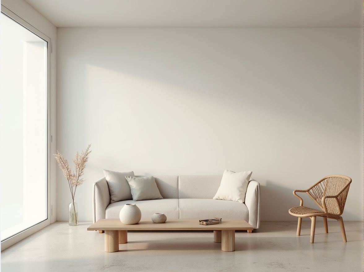 Prompt: Minimalist interior, calm atmosphere, empty space, natural light, white walls, polished concrete floor, sparse furniture, low-profile sofa, wooden coffee table, sand-casted vase, textured glass top, woven rattan chair, linen upholstery, earthy tone color palette, subtle shadows, soft box lighting, 3/4 composition, panoramic view.