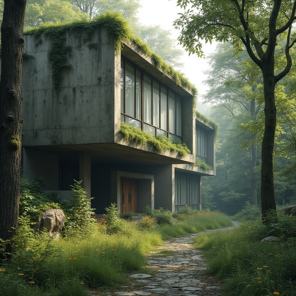 Prompt: Brutalist architecture, natural park integration, concrete brutalist building, surrounded by lush greenery, vines crawling up walls, moss-covered concrete, rugged stone foundation, industrial metal beams, reclaimed wood accents, massive glass windows, panoramic view of the park, subtle misty atmosphere, warm afternoon light, dramatic shadows, 3/4 composition, cinematic depth of field, natural textures, rough stone pathways, scattered wildflowers, tall trees looming overhead.