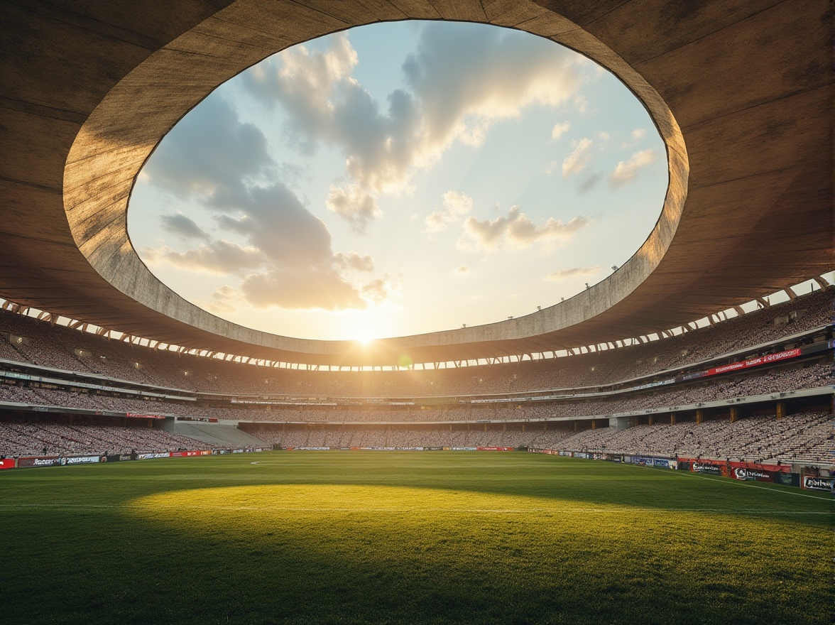 Prompt: Stadium design, modern architecture, grandstand seating area, sand-casted materials, rough texture, natural color palette, rustic atmosphere, warm lighting, evening sun, dramatic shadows, angular lines, geometric shapes, concrete structure, steel beams, cantilevered roofs, greenery walls, vibrant sports field, athletes in action, dynamic composition, low-angle shot, cinematic mood, high contrast.