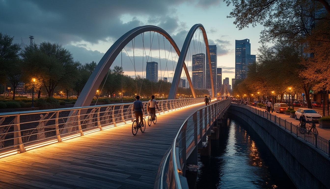 Prompt: Modern pedestrian bridge, sleek lines, minimalist aesthetic, steel arches, wooden decking, railings with geometric patterns, subtle lighting, nighttime illumination, urban landscape, cityscape, skyscrapers, bustling streets, people walking, bicycles passing, river flowing underneath, trees lining the riverside, vibrant foliage, warm golden light, dramatic shadows, cinematic composition, 3/4 view, low-angle shot, atmospheric perspective.