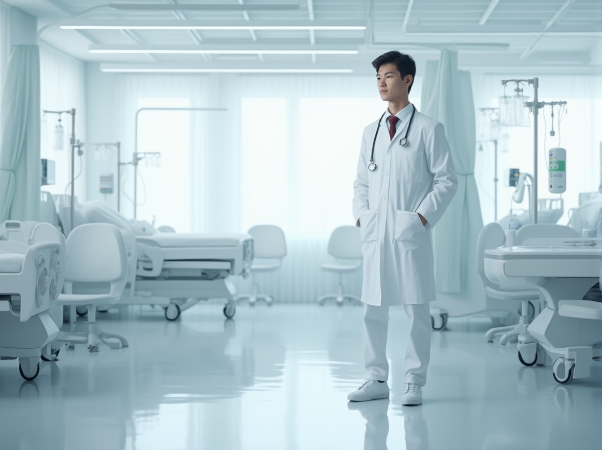 Prompt: Modern hospital interior, sleek plastic chairs, antibacterial plastic tables, white walls with plastic trim, polished plastic floors, futuristic medical equipment made of plastic and metal, IV poles with plastic wheels, hospital beds with plastic headboards, crisp white curtains with plastic hooks, doctor wearing a white coat, stethoscope around neck, standing near a patient's bed, softbox lighting, 3/4 composition, shallow depth of field, clean and sterile atmosphere, realistic textures, ambient Occlusion.