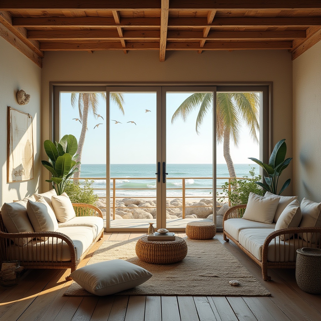 Prompt: Beach loft, vernacular architecture, cozy, oceanview, wooden beam ceiling, rustic, natural material, earthy tone, minimal ornamentation, large windows, sliding glass doors, panoramic view, beach scene, seagulls flying, palm trees swaying, sandy dunes, driftwood, nautical rope railing, distressed wood flooring, woven rattan furniture, linen upholstery, shells decorations, ocean breeze, soft natural lighting, warm atmosphere.