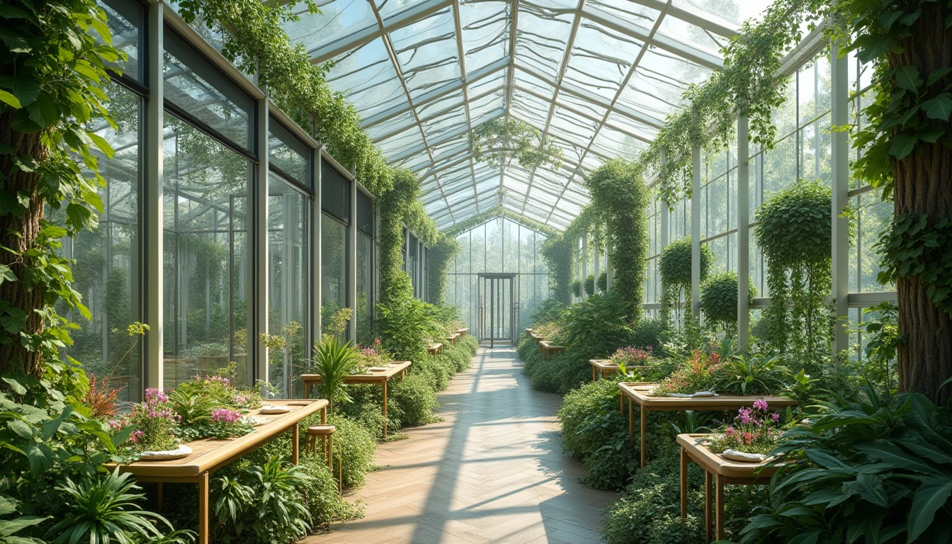 Prompt: Sustainable greenhouse, regionalism, futuristic architecture, large glass panels, steel frames, lush greenery, vines crawling up walls, self-sustaining ecosystem, recycling system, solar panels, wind turbines, eco-friendly materials, minimal waste, zero carbon footprint, blooming flowers, natural lighting, interior trees, water conservation, rainwater harvesting, grey water reuse, educational signage, interactive exhibits, panoramic view, 3/4 composition, soft natural light.