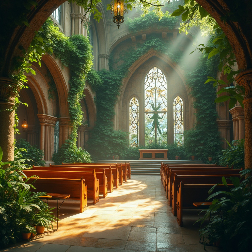 Prompt: Inspirational church, surrounded by lush greenery, vines crawling up stone walls, stained glass windows depicting botanical scenes, intricate wooden carvings resembling tree branches, natural light pouring in through skylights, warm beige stone flooring, rustic wooden pews, nature-inspired sculptures, serene atmosphere, misty morning, soft diffused lighting, cinematic composition, depth of field, realistic texture, vibrant colors.