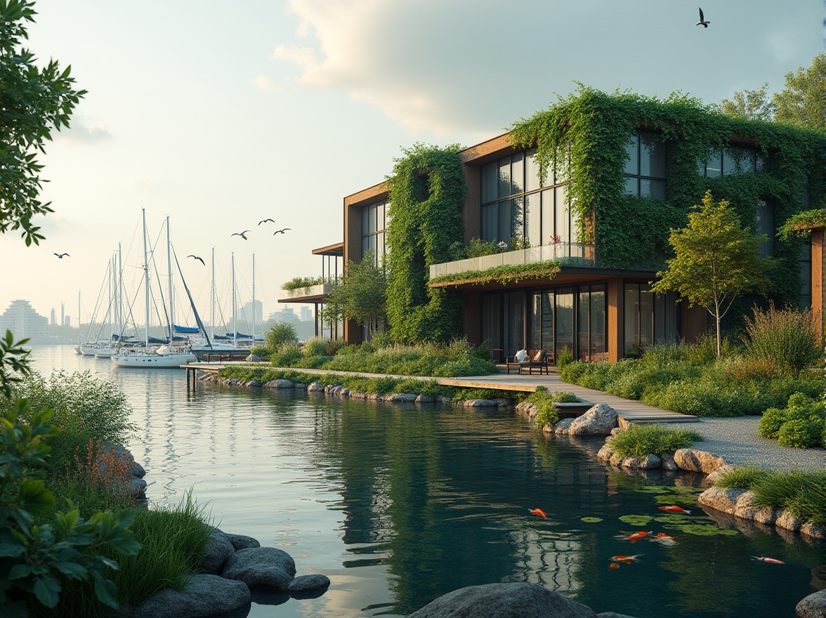 Prompt: Lakefront, factory, green architecture, modern industrial building, large glass windows, steel frames, lush greenery, vertical garden, rooftop garden, water feature, koi pond, walking path, wooden dock, sailboats, yachts, seagulls flying overhead, cloudy sky, soft natural light, warm color tone, 3/4 composition, shallow depth of field, vibrant colors, realistic textures, ambient occlusion.