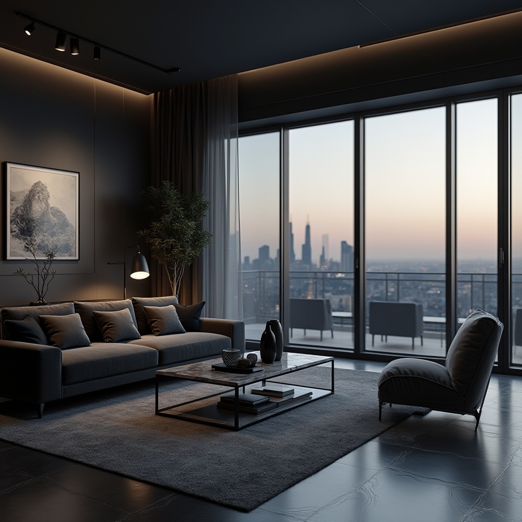 Prompt: Modern dark gray interior, luxurious living room, sleek lines, minimalist decor, low-poly 3D model, high-end furniture, velvet sofa, marble coffee table, floor-to-ceiling windows, cityscape view, evening time, softbox lighting, cinematic composition, shallow depth of field, warm atmosphere, industrial chic, urban loft.