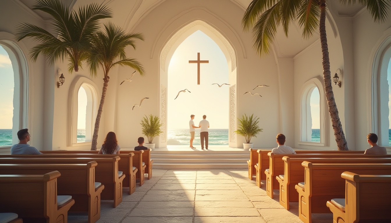 Prompt: Beachside church, coastal architecture, white walls, large windows, cross-shaped roof, ornate door, wooden pews, soft cushions, calm atmosphere, natural light pouring in, seagulls flying outside, palm trees swaying gently, sandy beach, turquoise ocean, sunset time, warm golden light, gentle breeze, few people praying, peaceful ambiance, 3/4 composition, soft focus, warm color tone, cinematic lighting.