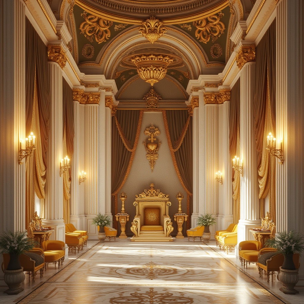 Prompt: Byzantine style, cream color walls, golden ornate details, intricate mosaic patterns, luxurious velvet drapes, grandiose chandeliers, regal throne, lavish furniture, rich tapestries, opulent marble floors, warm soft lighting, 3/4 composition, shallow depth of field, ornate frame borders, ancient Greek-inspired architecture, majestic atmosphere.