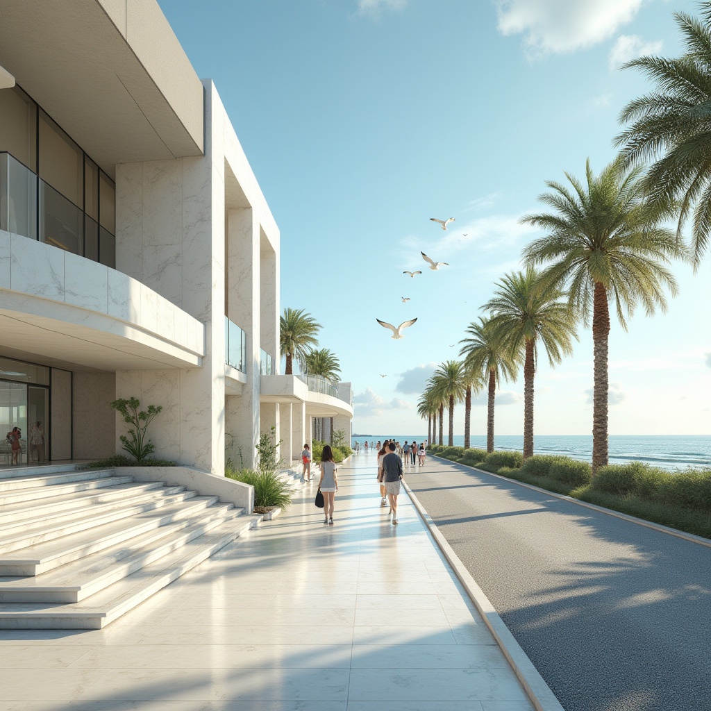 Prompt: Coastal campus design, modern architecture, marble building material, white marble columns, grand entrance, staircase with marble railing, floor-to-ceiling windows, ocean view, blue sky, sunny day, seagulls flying overhead, palm trees swaying gently, coastal road, seaside promenade, students walking and chatting, 3/4 composition, soft natural light, warm atmosphere, cinematic feel.