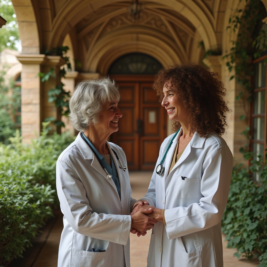 Prompt: Romanesque rehabilitation center, sandstone exterior walls, intricate carvings, grand arches, ornate columns, lush greenery, vines crawling up walls, wooden doors with iron hinges, warm lighting, cozy atmosphere, mature lady therapist, curly brown hair, gentle smile, white coat, stethoscope around neck, comforting posture, holding patient's hand, soft focus background, natural materials, earthy tones, calming ambiance, peaceful composition.