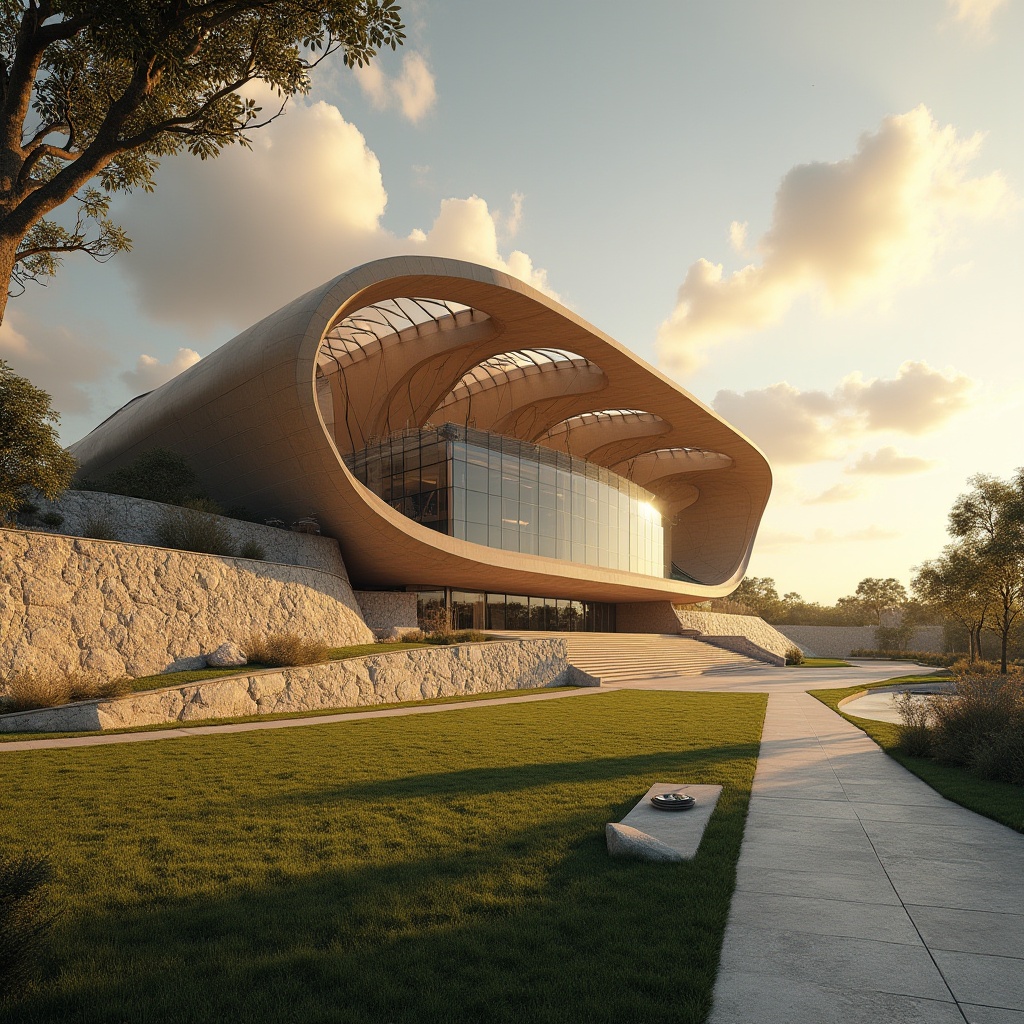 Prompt: Stadium architecture, modern design, sandy beige color scheme, curved lines, dynamic shape, cantilevered roof, glass façade, sleek metal beams, sand-casted concrete texture, rough stone walls, lush greenery surroundings, vibrant sunset lighting, dramatic shadows, panoramic view, 3/4 composition, low-angle shot, emphasis on structure and materiality.