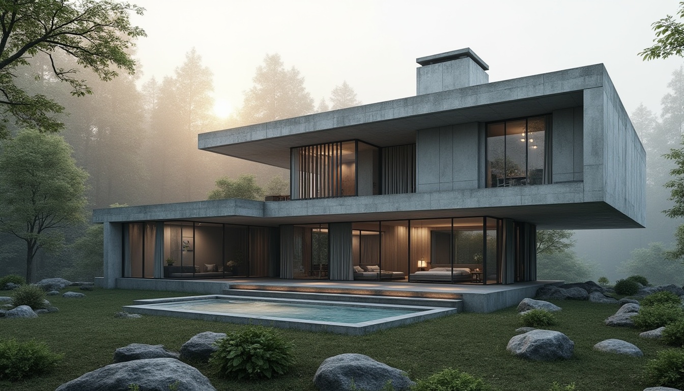 Prompt: Modern residential design, luxurious villa, concrete structure, brutalist architecture, grey tone, rough texture, geometric shape, minimalist decoration, large windows, natural light, greenery surroundings, forest backdrop, misty atmosphere, soft morning light, cinematic composition, wide-angle lens.