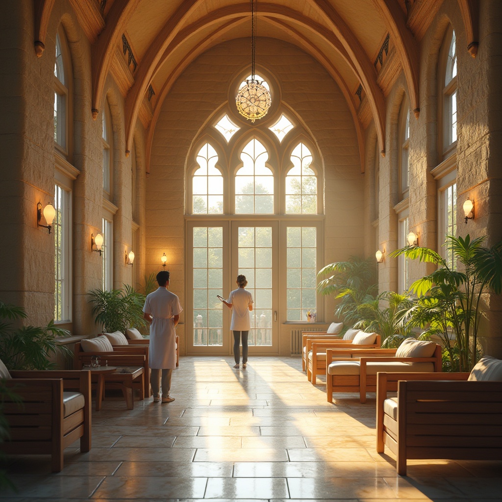 Prompt: Romanesque rehabilitation center, sandstone walls, arched windows, grand entrance, wheelchair-accessible ramps, nurse, doctor, patient, physical therapy, occupational therapy, calm atmosphere, warm lighting, wooden furniture, soft cushions, indoor plants, natural stone floors, vaulted ceiling, stained glass, gentle color scheme, serene ambiance, afternoon sunbeams, 3/4 composition, cinematic lighting, shallow depth of field.