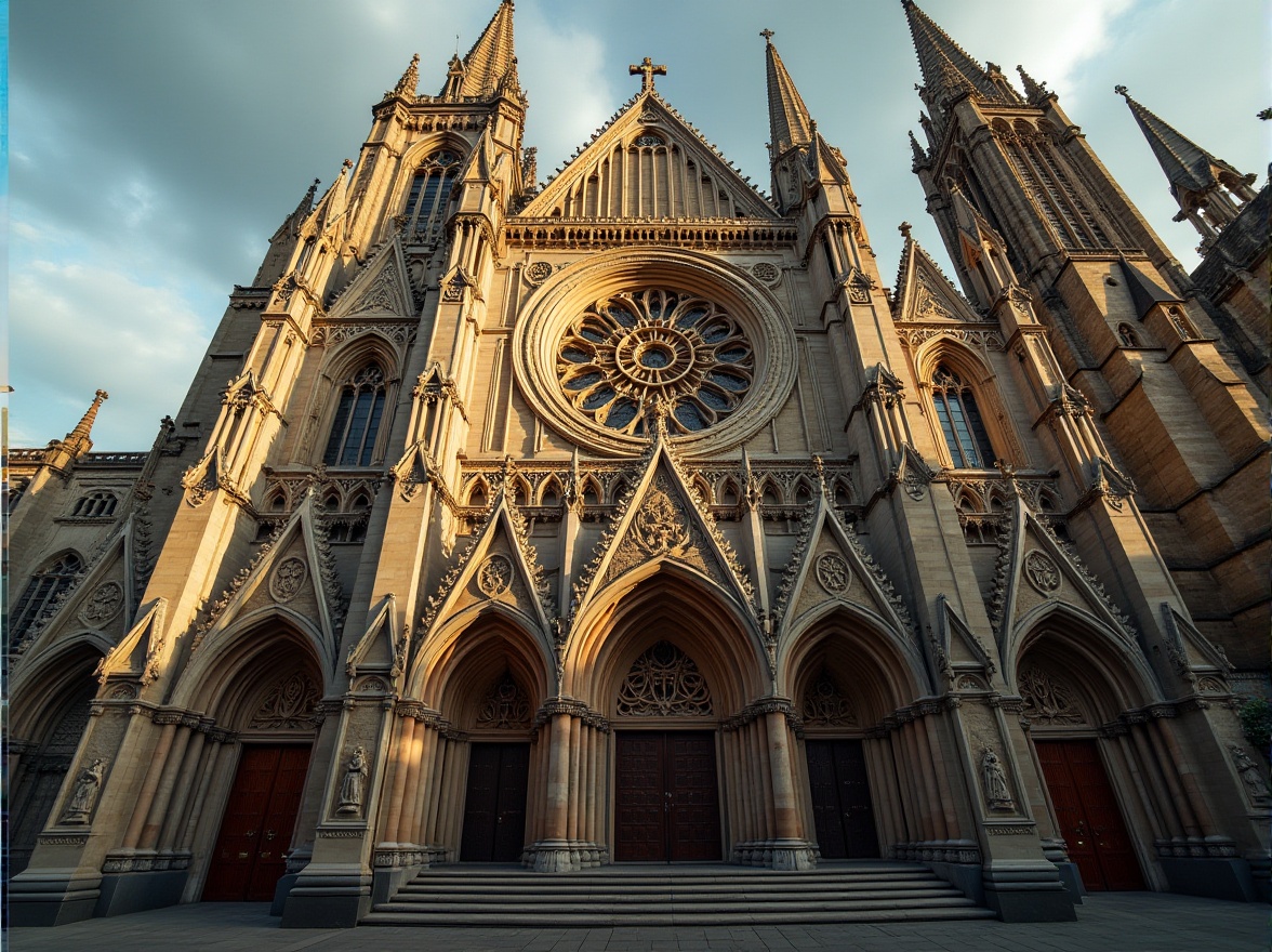 Prompt: Gothic cathedral, intricate stone carvings, ribbed vaults, pointed arches, stunning stained glass windows, grandiose entrance doors, towering spires, ornate steel-framed structures, industrial materials contrast, medieval-inspired decorations, warm golden lighting, dramatic shadows, symmetrical composition, low-angle shot, historic architecture, European cityscape, cloudy sky.