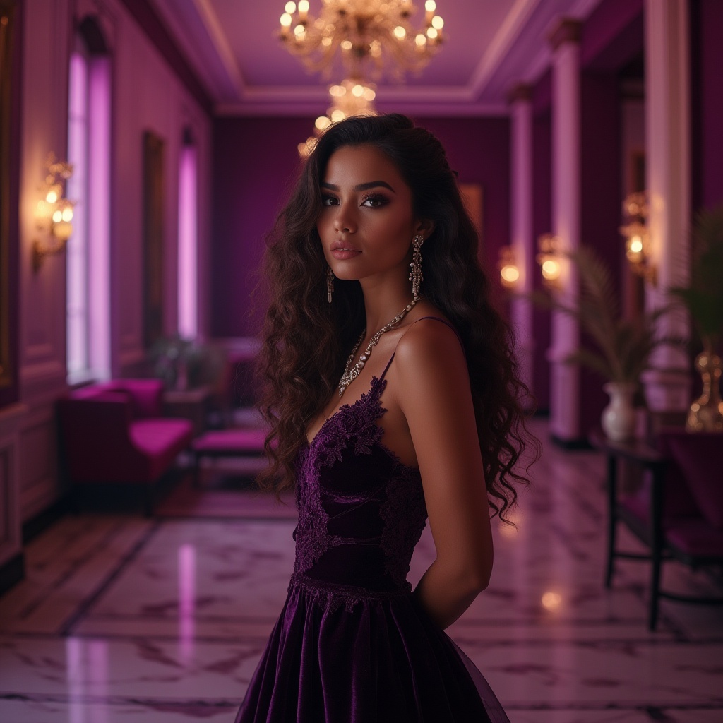 Prompt: Rich amethyst color, luxurious atmosphere, elegant woman, long curly hair, smoky eyes, bold eyeliner, full lips, glamorous makeup, low-cut evening dress, velvet fabric, intricate lace details, beaded necklace, dangling earrings, high heels, confident pose, standing, luxurious interior, grand chandelier, marble floor, lavish furniture, soft focus, warm lighting, cinematic composition.