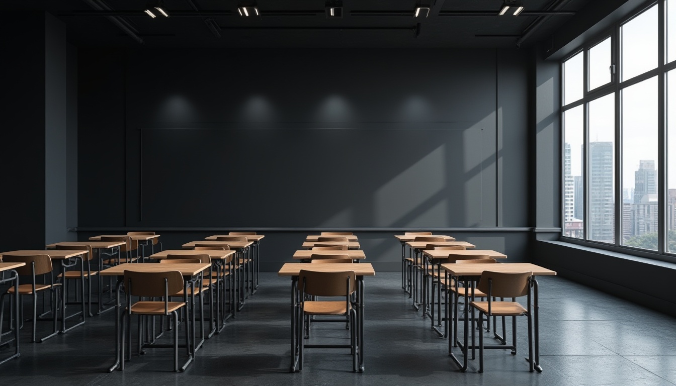 Prompt: Dark gray educational space, modern minimalist design, blackboard wall, dark gray concrete floor, rows of wooden desks, metal chairs, spotlights casting dramatic shadows, a large glass window overlooking a cityscape, subtle gradient effect on the walls, 3/4 composition, panoramic view, cinematic lighting, soft focus on background, high contrast between dark gray and bright accents.