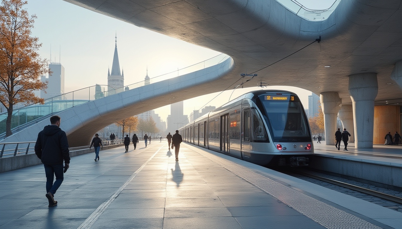 Prompt: Modern tram station, futuristic architecture, sleek lines, curved roof, large glass windows, minimalist interior, Lavacrete material, silver-gray tone, metallic sheen, smooth texture, reflective surface, geometric patterns, natural light pouring in, urban cityscape, busy streets, morning rush hour, commuters walking quickly, dynamic composition, wide-angle lens, cinematic lighting.