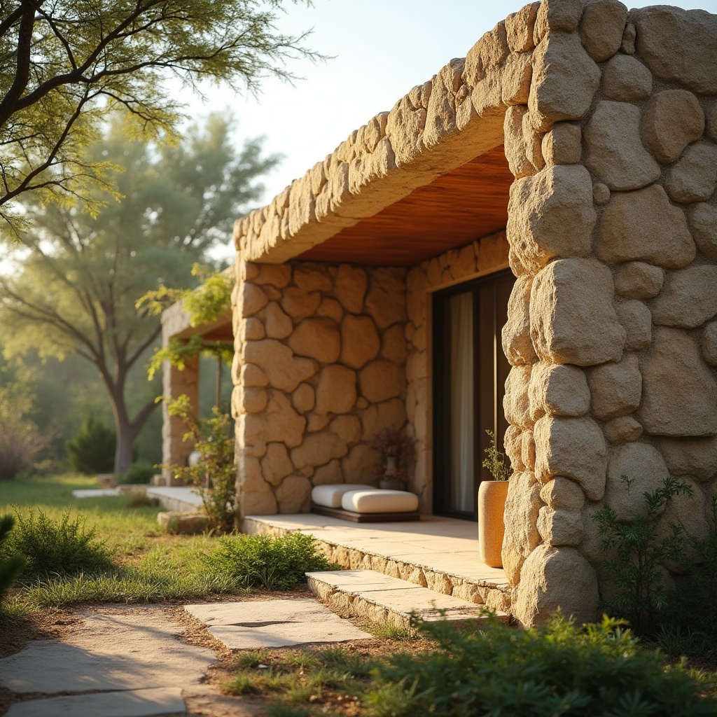 Prompt: Natural, rustic, earthy tone, rammed earth material, building facade, sustainable design, eco-friendly, environmental awareness, modern architecture, villa, residential area, greenery surroundings, natural light, warm ambiance, cozy atmosphere, close-up shot, 3/4 composition, shallow depth of field, warm color palette, soft lighting.