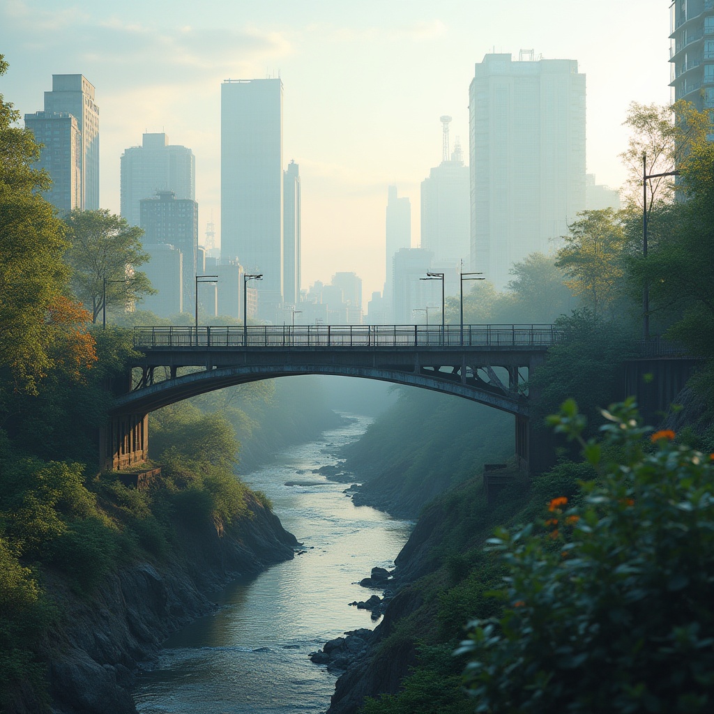 Prompt: industrial area, pedestrian bridge, modern architecture, steel structure, metallic texture, urban landscape, cityscape, foggy morning, soft lighting, 3/4 composition, depth of field, vibrant colors, greenery, trees, bushes, wildflowers, river flowing beneath, water reflection, misty atmosphere, calm ambiance, distant skyscrapers, busy streets, contrast between nature and industry.