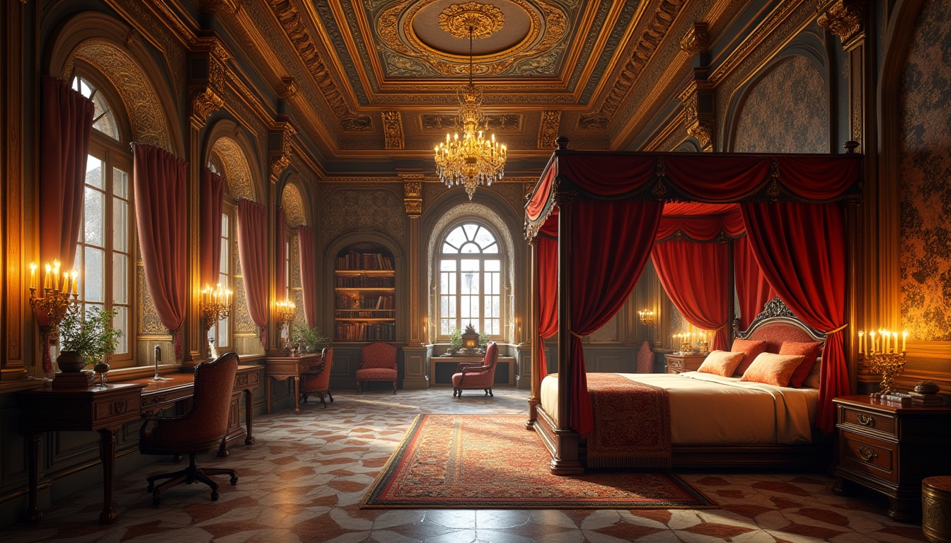 Prompt: Byzantine-style dorm, luxurious interior, ornate golden decorations, intricate mosaics, grand chandeliers, regal atmosphere, majestic four-poster beds, velvet curtains, lavish furnishings, marble floors, arched windows, stained glass, warm candlelight, cozy reading nooks, ancient tomes on shelves, mysterious artifacts on display, richly textured tapestries, atmospheric shadows, dramatic high ceilings, ornate mirrors, classical sculptures.