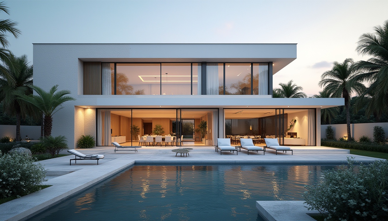 Prompt: Modern villa, luxurious, Mediterranean style, white walls, large windows, sliding glass doors, minimalist decoration, elegant lines, simplicity, rectangular shape, flat roof, courtyard, lush greenery, palm trees, pool, sun loungers, outdoor dining area, warm lighting, evening ambiance, soft focus, shallow depth of field, cinematic composition, 3/4 view.