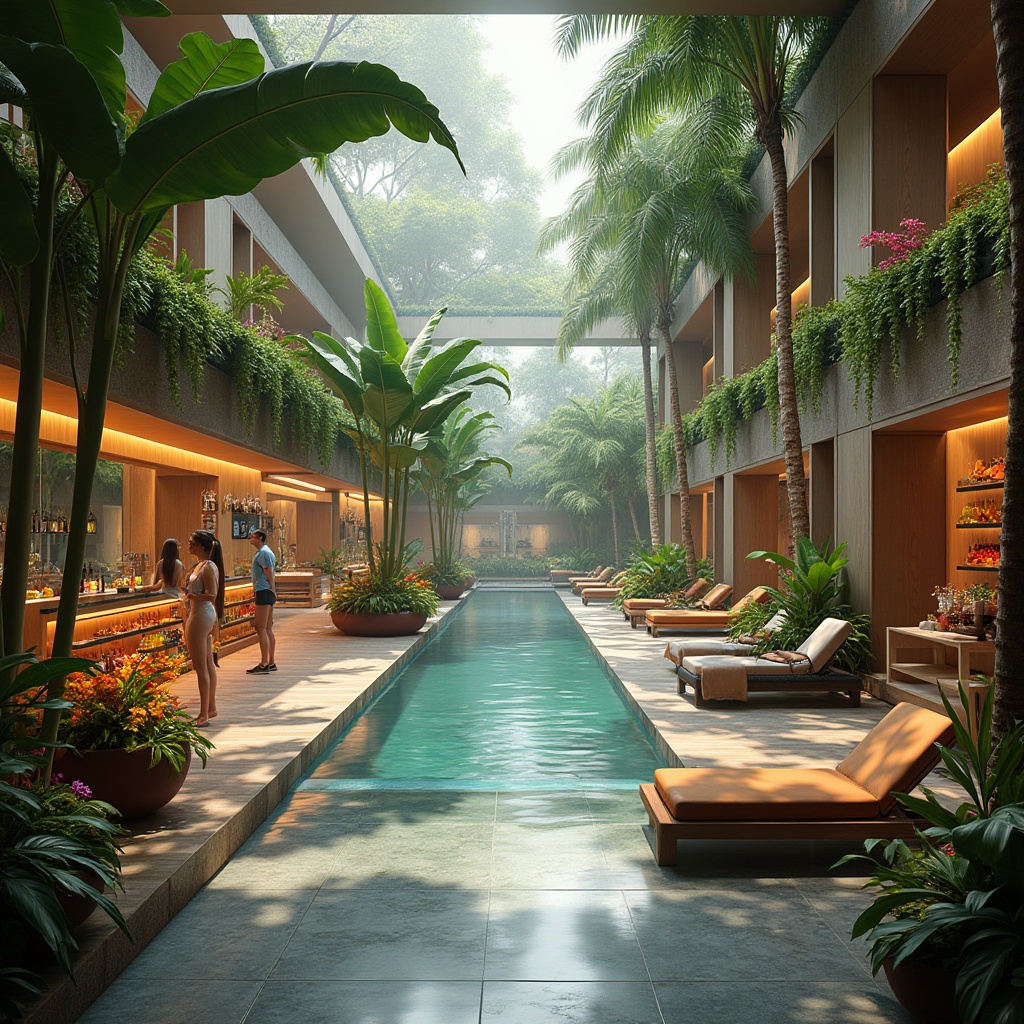 Prompt: Tropical island oasis, fitness club interior design, exotic plants, palm trees, floral arrangements, vibrant colors, warm lighting, wooden flooring, modern exercise equipment, mirrored walls, refreshing pool area, lounge chairs, beach balls, tropical fruit bar, juice counter, healthy snacks display, calming water features, misty atmosphere, relaxing ambiance, 3/4 composition, soft focus, natural textures, fitness enthusiasts, athletes, sportswear, energetic poses, dynamic movements.