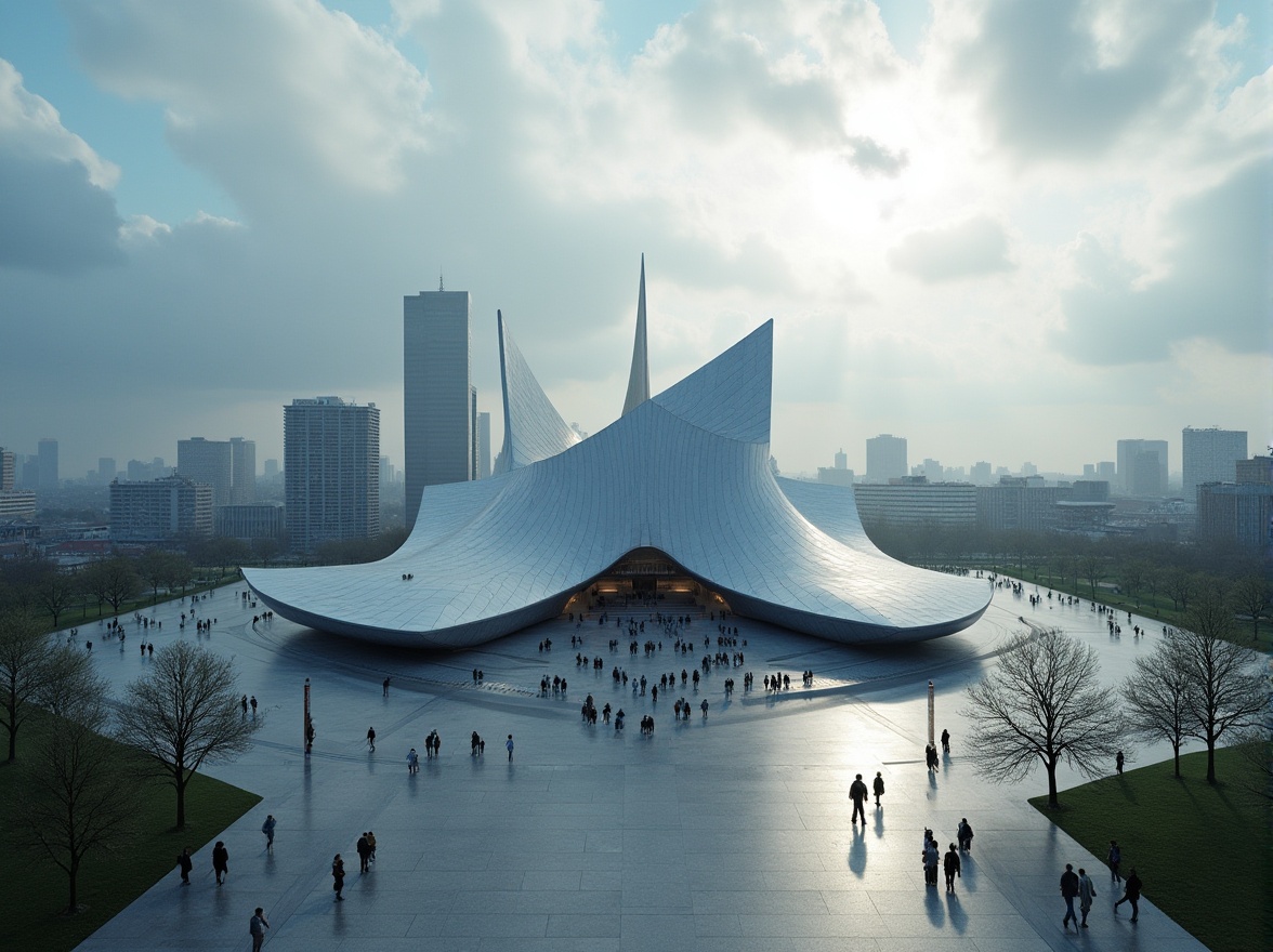 Prompt: Modernist monument, futuristic architecture, sleek lines, geometric shapes, silver metallic material, reflective surface, abstract sculpture, urban cityscape, daytime, cloudy sky, dramatic lighting, high-angle shot, 3/4 composition, shallow depth of field, bold contrast, brutalist texture, minimalist surroundings, pedestrian traffic, bustling street life, metropolitan atmosphere.