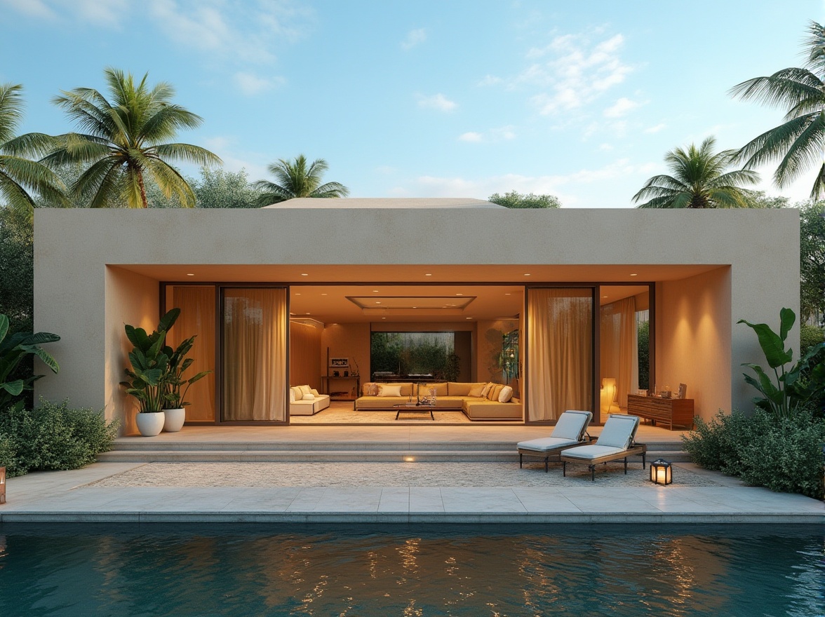 Prompt: villa, modernism, khaki color, exterior wall, rectangular shape, flat roof, large windows, sliding glass door, minimalist decoration, luxurious furniture, greenery surroundings, tropical plants, sunny day, clear blue sky, warm ambient lighting, shallow depth of field, 3/4 composition, panoramic view.