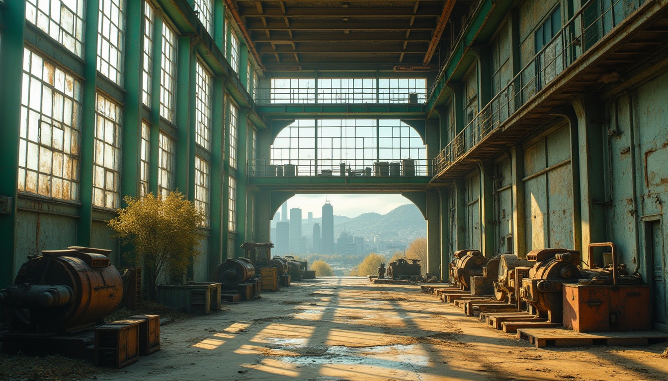 Prompt: Wheat color palette, factory green architecture, industrial building, modern design, metallic materials, steel beams, concrete walls, large windows, urban landscape, city skyline, cloudy sky, soft natural light, warm atmospheric mood, rusted metal details, distressed wood accents, vintage machinery parts, abandoned yet revitalized atmosphere, cinematic composition, 3/4 view angle, shallow depth of field.