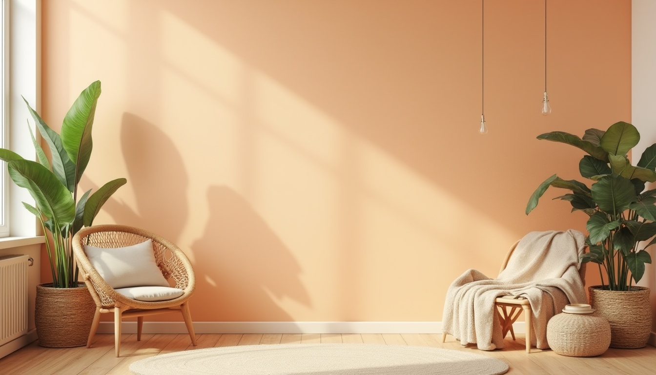 Prompt: Apricot color, aesthetic appeal, pastel tone, warm beige background, modern minimalist interior, Scandinavian style furniture, wooden textures, woven baskets, potted plants, natural lighting, soft shadows, cozy atmosphere, inviting ambiance, 3/4 composition, slight blur effect, realistic rendering.