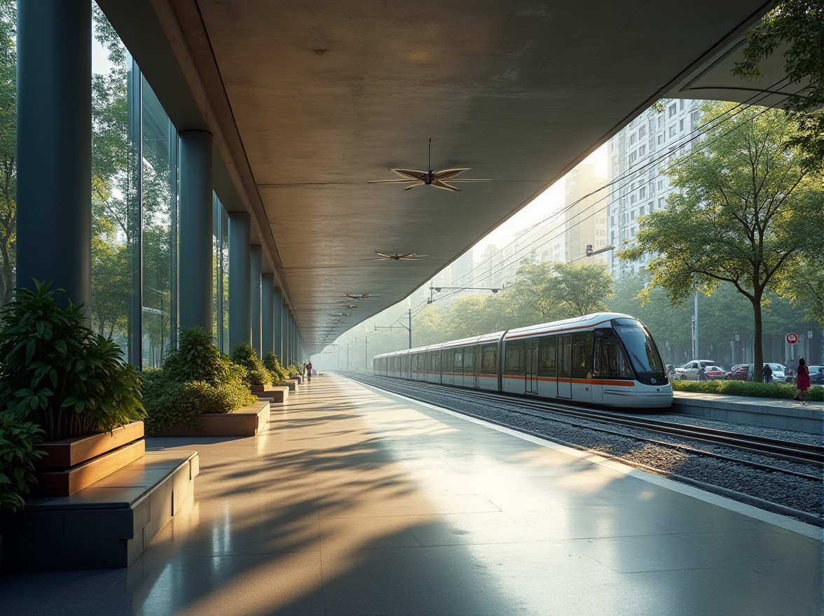 Prompt: Modern tram station, futuristic architecture, sleek lines, Lavacrete material, silver-gray color, glossy finish, reflective surface, high ceiling, spacious interior, natural light pouring in through large windows, comfortable seating area, greenery, plants, urban jungle, busy street scene outside, cityscape, morning sunlight, soft focus, shallow depth of field, cinematic composition, wide-angle lens.