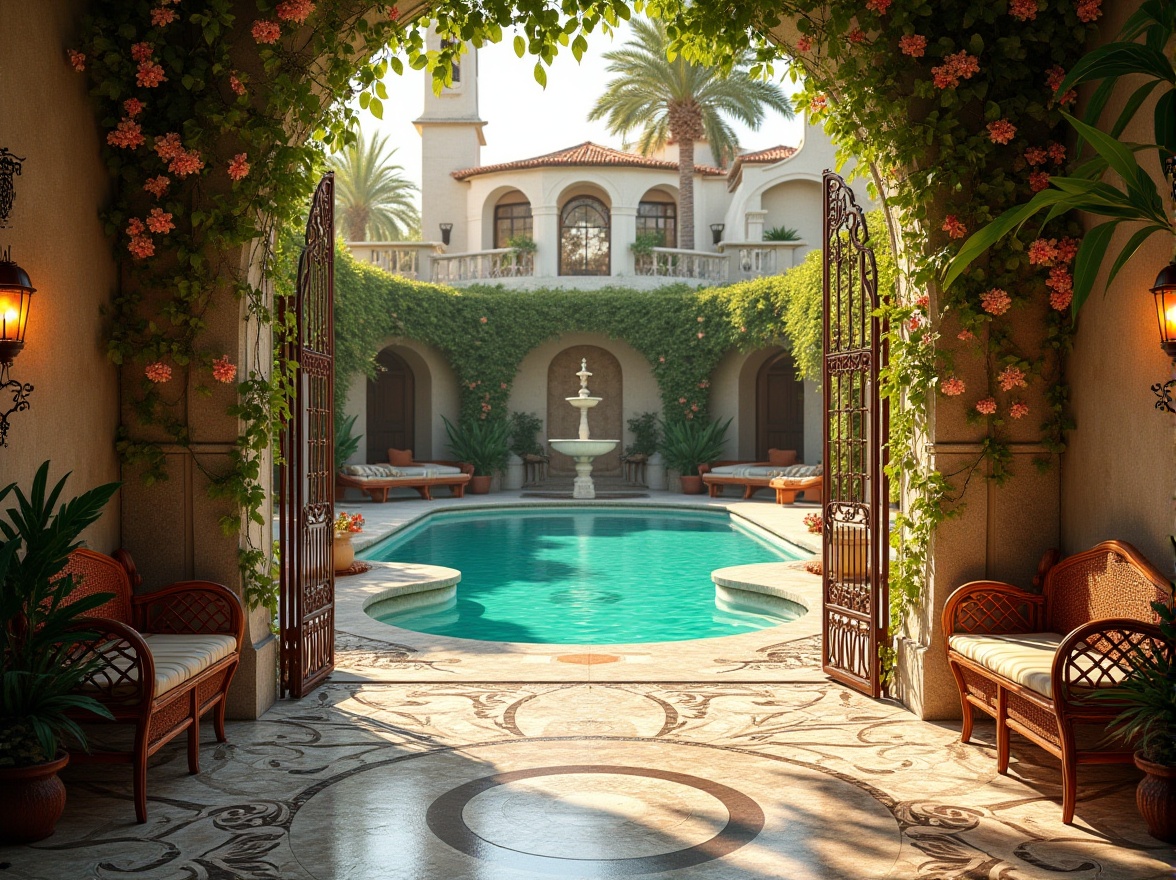 Prompt: Art Nouveau inspired outdoor space, luxurious villa, Mediterranean coast, sunny afternoon, warm golden light, ornate iron gates, curved lines, flowing organic shapes, vibrant turquoise pool, mosaic tiles, lush greenery, exotic flowers, intricate wooden benches, ornamental lanterns, grand stone fountain, meandering pathways, romantic ambiance, soft focus, cinematic composition, 3/4 view, natural textures, detailed stonework.