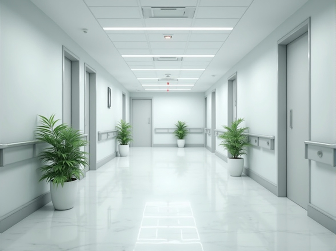 Prompt: hospital corridor, minimalist style, empty hallways, white walls, polished marble floors, stainless steel handrails, sparse green plants, modern hospital equipment, sterile atmosphere, soft indirect lighting, clean lines, simplicity, calmness, 3/4 composition, wide-angle shot, shallow depth of field.