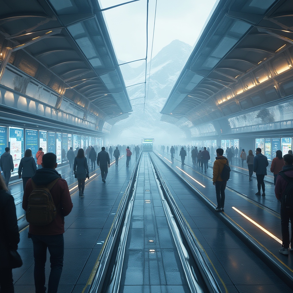 Prompt: Futuristic plateau tram station, sleek modern architecture, curved lines, glass roof, steel beams, LED lights, holographic advertisements, bustling crowd, commuters in futuristic outfits, virtual information displays, levitating trains, misty atmosphere, foggy windows, distant snow-capped mountains, panoramic view, 3/4 composition, soft lighting, ambient Occlusion.