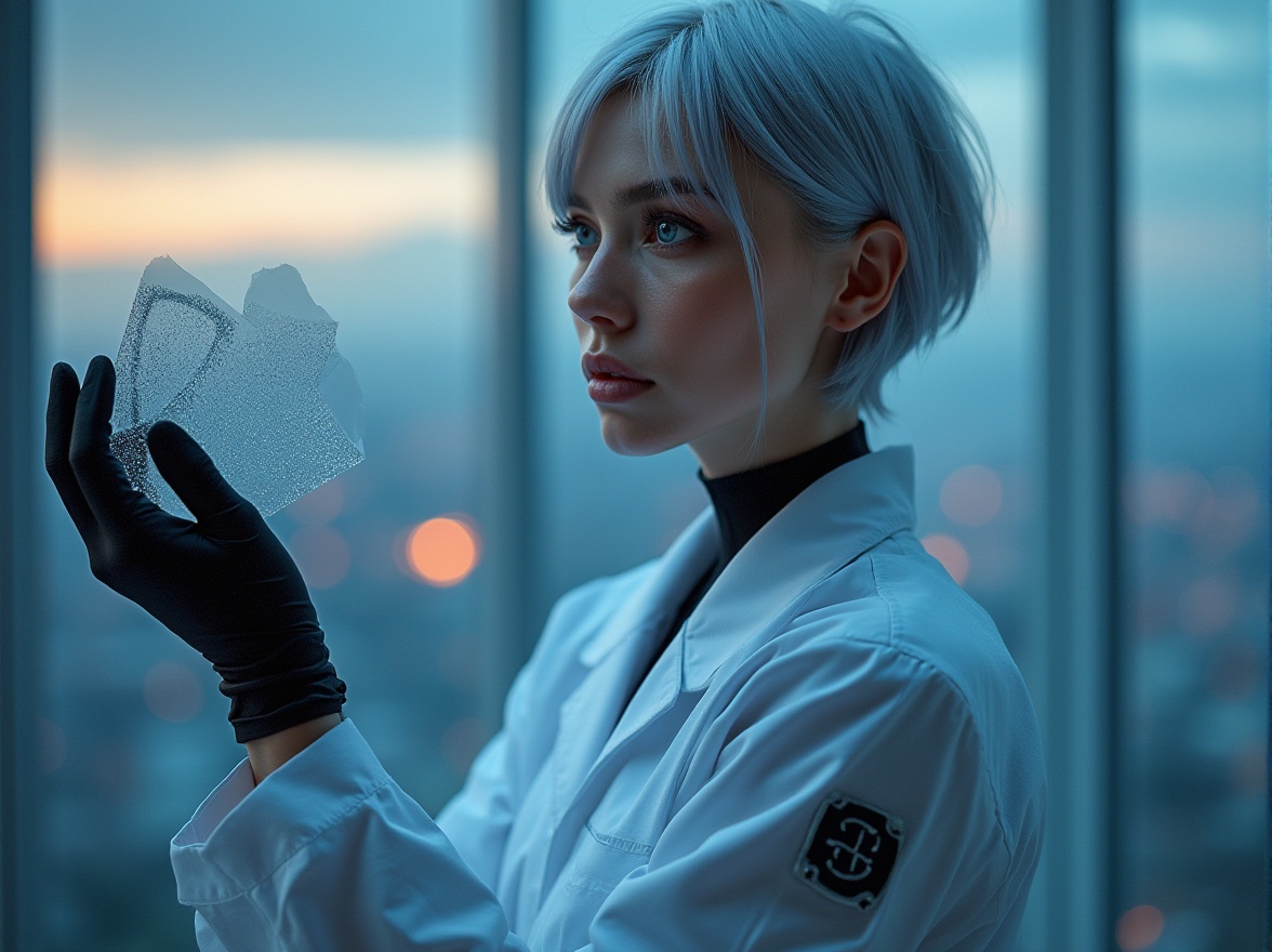 Prompt: Futuristic female designer, 25yo, short silver hair, blue eyes, minimal makeup, white lab coat, black gloves, high-tech fabric samples, metallic threads, neon lights, cityscape background, skyscraper, evening, panoramic view, cinematic composition, ambient lighting, shallow depth of field, futuristic, sci-fi, high-contrast, HDR.