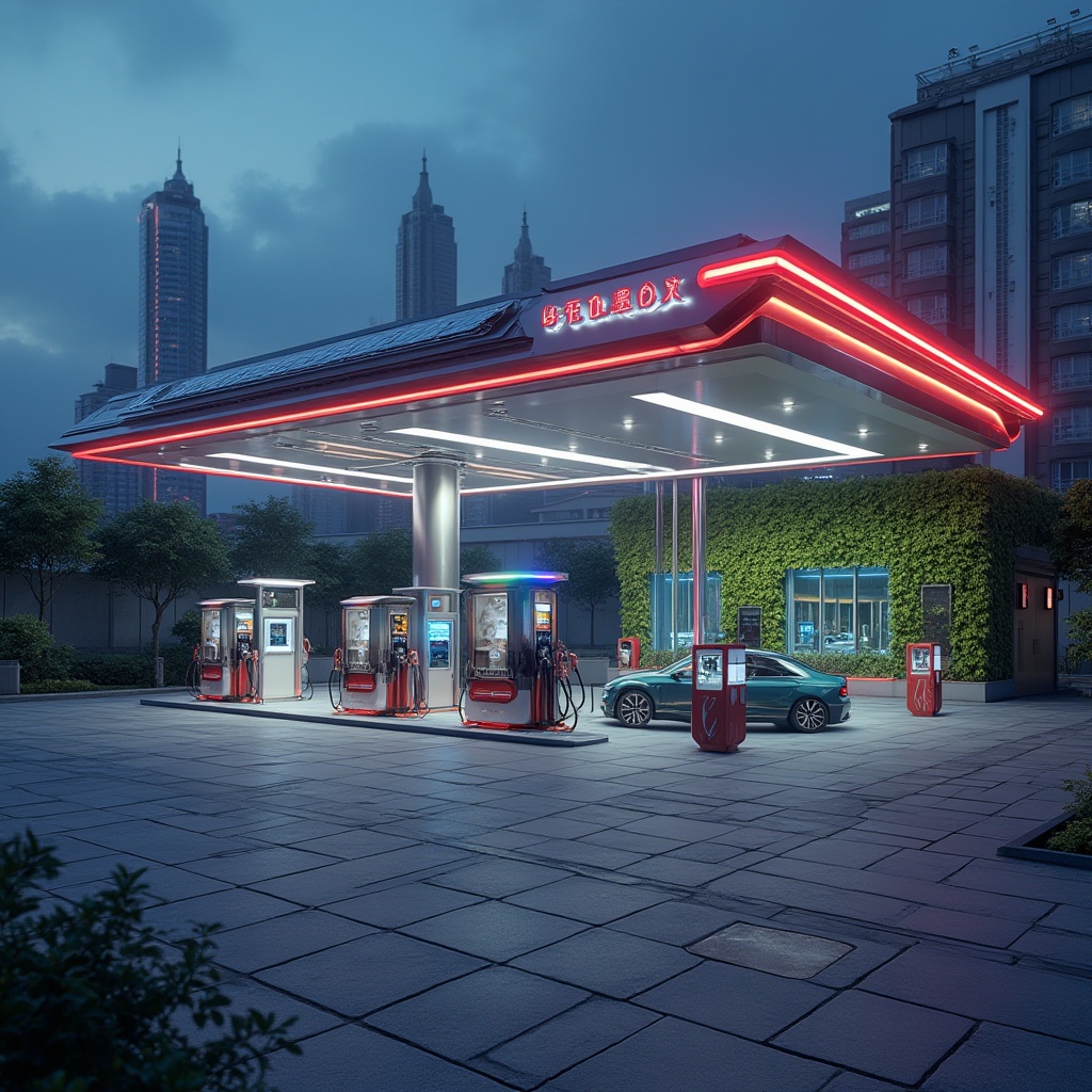 Prompt: Modern gas station, futuristic design, sleek architecture, neon lights, metallic materials, glass walls, angular lines, LED signage, digital displays, self-service kiosks, robotic fuel pumps, electric vehicle charging stations, solar panels on roof, green walls with vines, urban cityscape background, evening atmosphere, vibrant colors, high-tech ambiance, wide-angle shot, shallow depth of field.